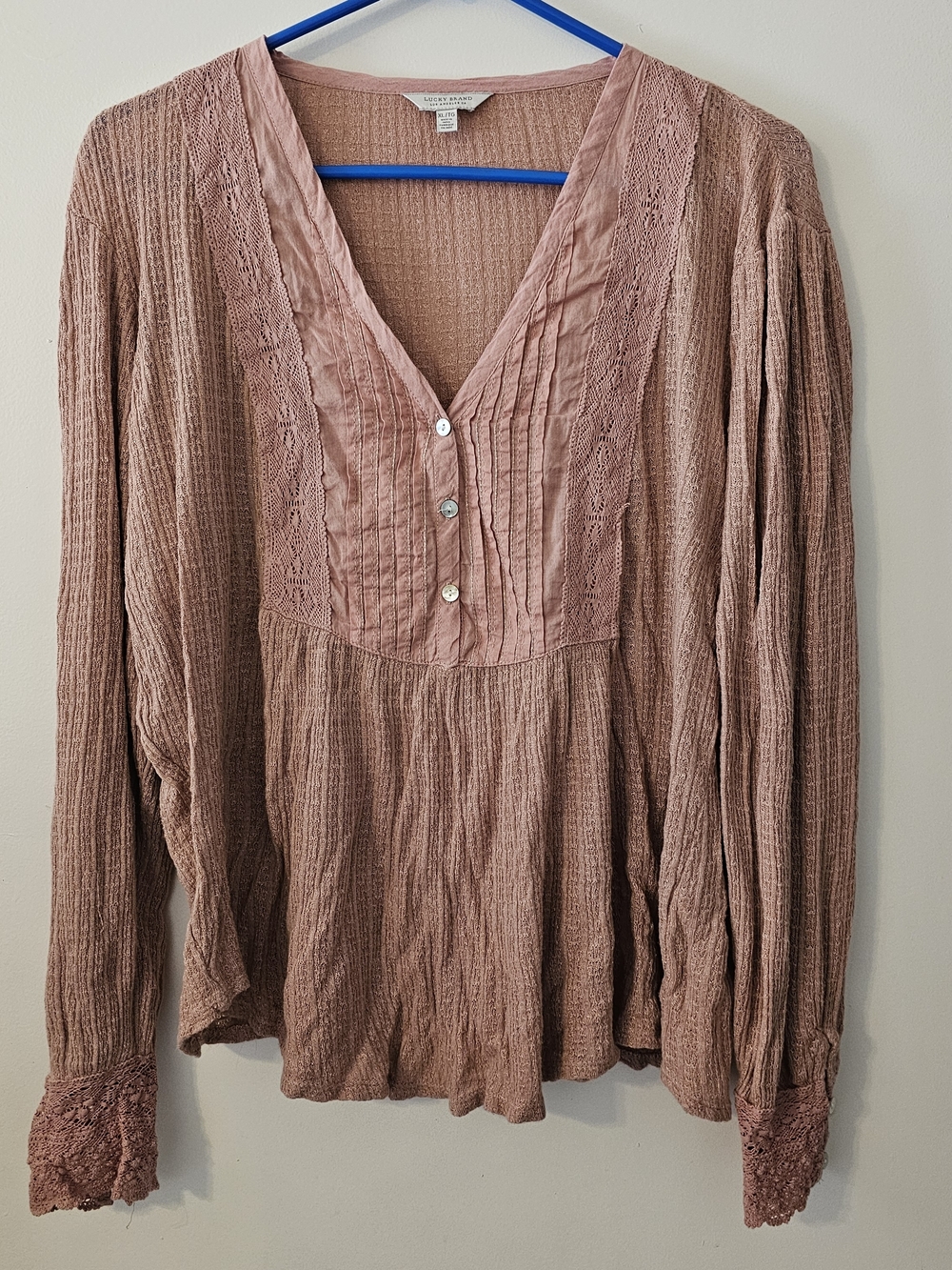 Lucky Brand Crochet Top Button Sleeve Boho  V-neck Size XL